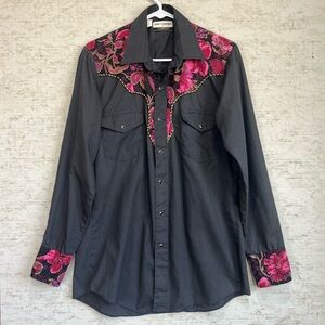 Vintage Karman Women's Floral Cowgirl Black Snap Shirt Blouse Sz M Rodeo Country